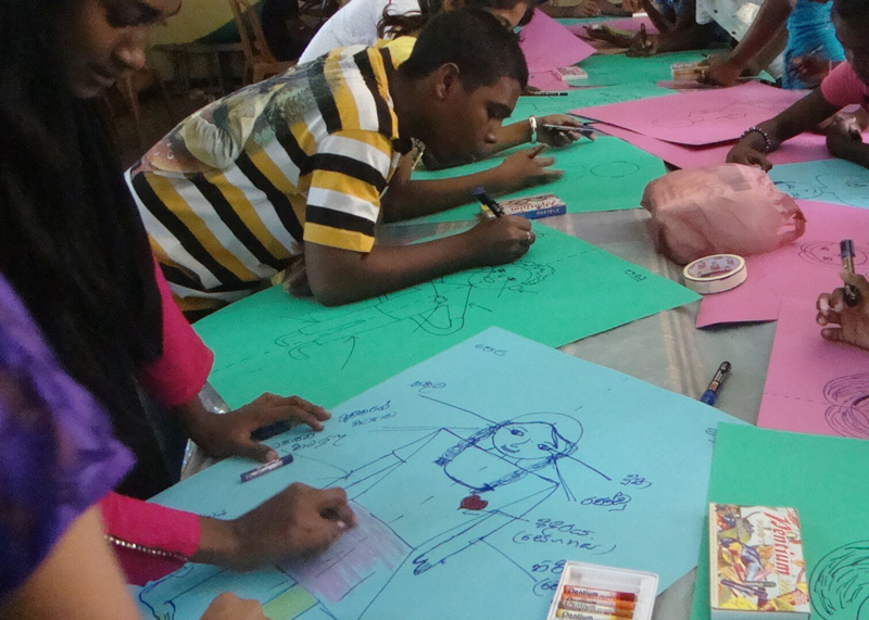 Children preparing posters to illustrate their thoughts.